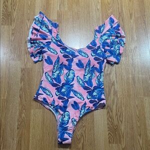 Pink Tropical Leaf Ruffle Sleeve One-Piece Swimsuit